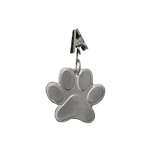 Metal paw print garden flag weight, silver color, paw-shaped decoration with clip.