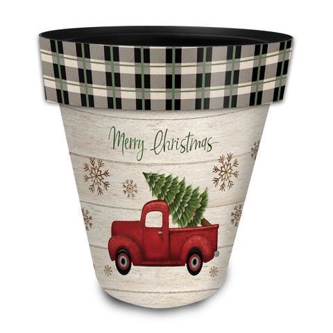 Merry Christmas Pickup Truck Large Planter with plaid rim and snowflakes on white wood grain background.