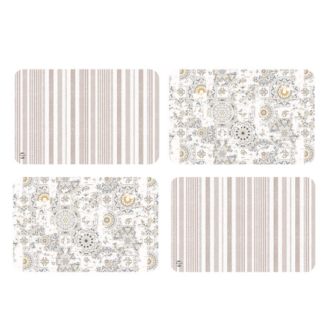 Vintage Home Placemat 4-pack, beige striped and floral designs on white background, neutral colored table mats.