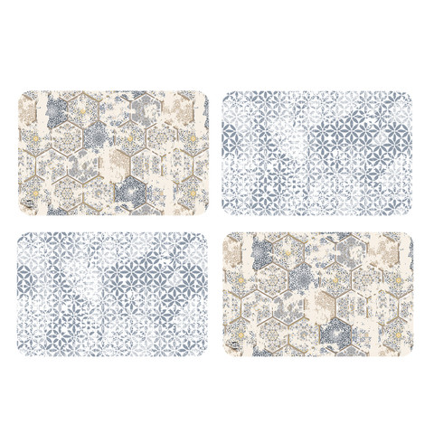 Four distressed elegance placemats with beige, gray and white patterns on a white background.