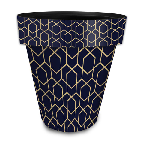 Large blue geometric planter with gold lines, navy blue and gold decorative pot, tapered shape.