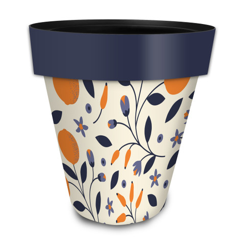 Citrus and Vines Large Planter with floral pattern, navy blue rim, and white base with orange accents.