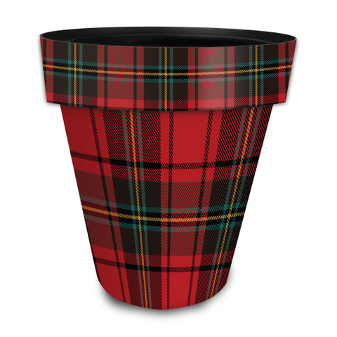 Red and black plaid large planter with green, yellow, and orange stripes, tapered shape.