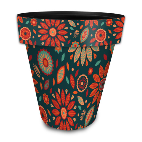 Large teal planter with vibrant orange, teal, and red floral patterns and leaf designs.