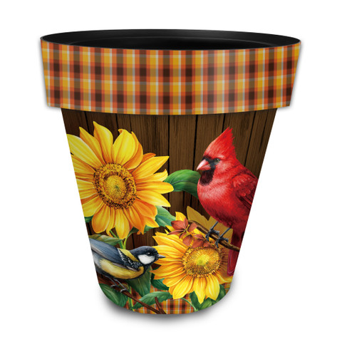 Fall Birds and Sunflowers Large Planter with plaid rim, featuring cardinals and sunflowers design.