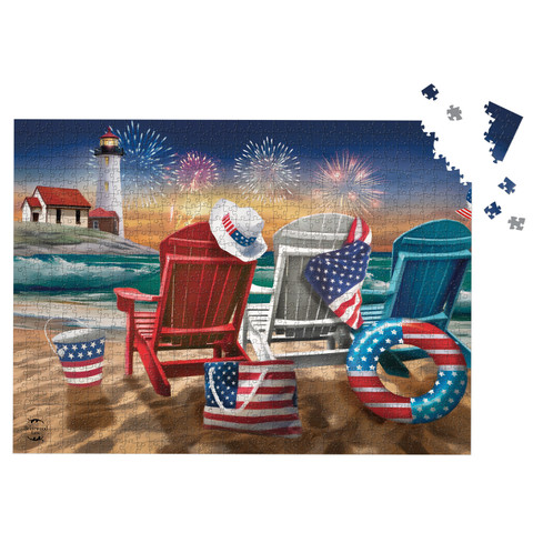 Beachfront Fireworks Summer 1000 Piece Jigsaw Puzzle with patriotic beach scene and fireworks at sunset.