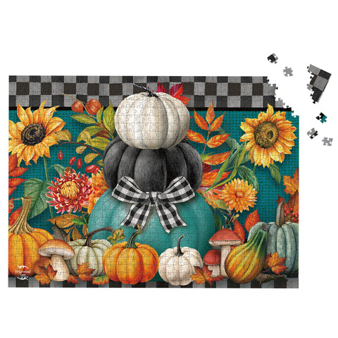 Colorful Pumpkin Stack 1000 Piece Jigsaw Puzzle with sunflowers, pumpkins, and fall leaves on teal background.