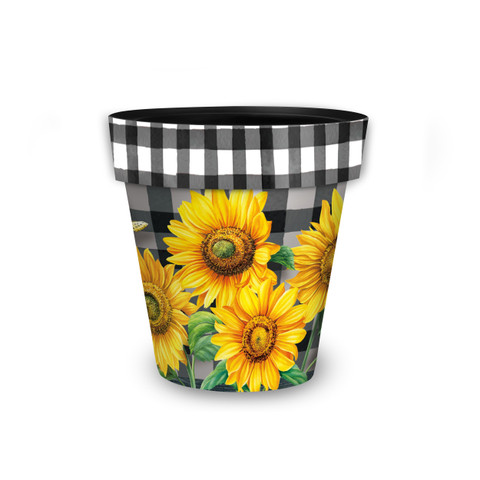 Small black and white checkered planter with yellow sunflowers and green leaves design.