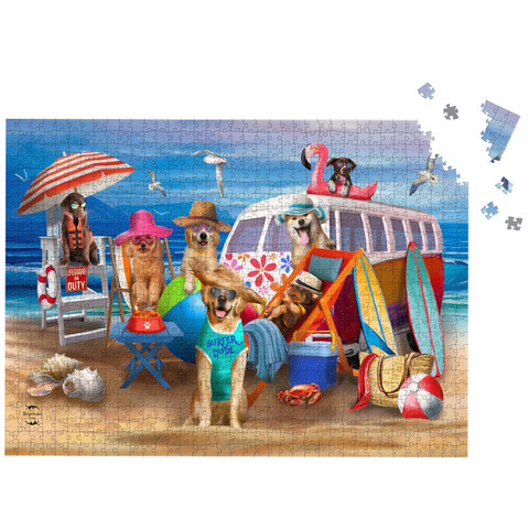 Dog Days Beach 1000 Piece Jigsaw Puzzle with dogs on a beach with a van.