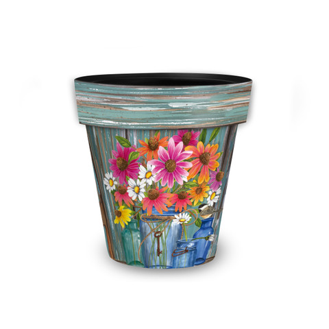 Farm Fresh Flowers Small Planter with colorful floral design and distressed turquoise finish on white background.