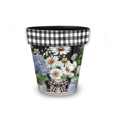 Crated Mason Jars small planter with black and white gingham trim and white daisy floral design.