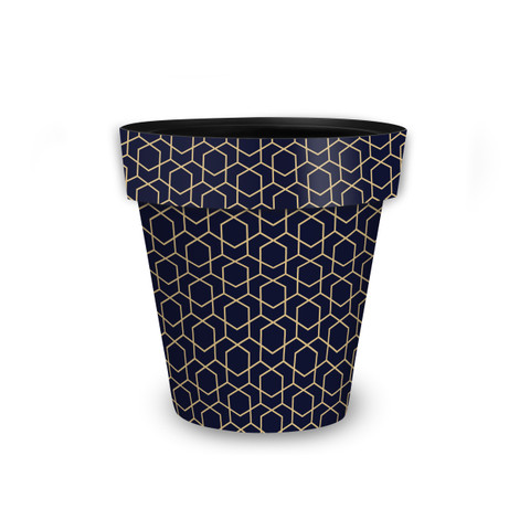 Blue Geometric Small Planter with gold geometric pattern on navy background, small size decorative pot.