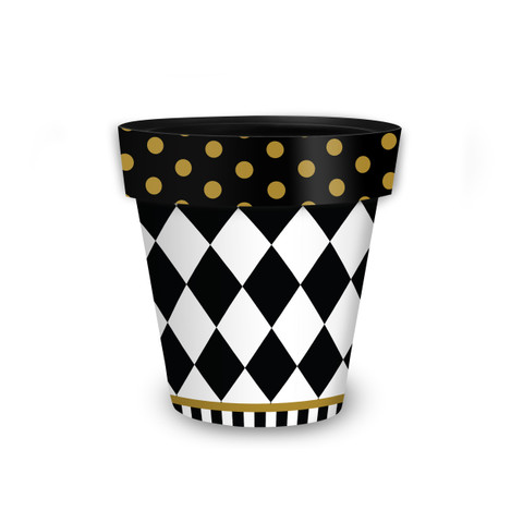 Small Checkerboard Planter with black, white, and gold diamond and polka dot decorative design elements.