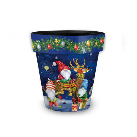 Small Happy Holiday Gnomes planter with Christmas gnomes and reindeer on a blue background.