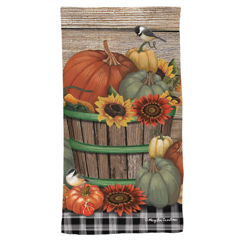 Bountiful Bushel Cotton Hand Towel with vibrant pumpkins, sunflowers, and bird on rustic wood background.
