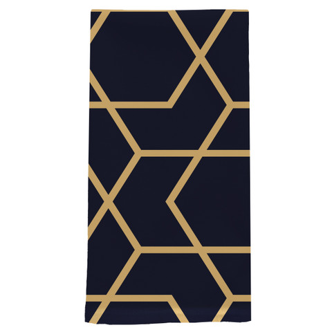 Blue geometric cotton hand towel with gold lines on navy background, rectangular in shape and size.