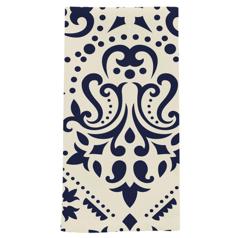 Navy and tan damask cotton hand towel with intricate blue and beige ornate design pattern.