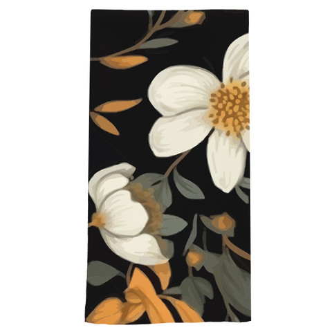 Elegant Flowers cotton hand towel with white flowers and yellow centers on a black background.