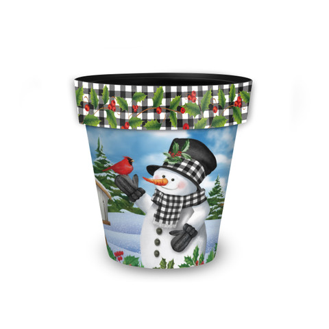 Checkered Snowman Small Planter with black and white hat, scarf, and holly trimmed rim design.