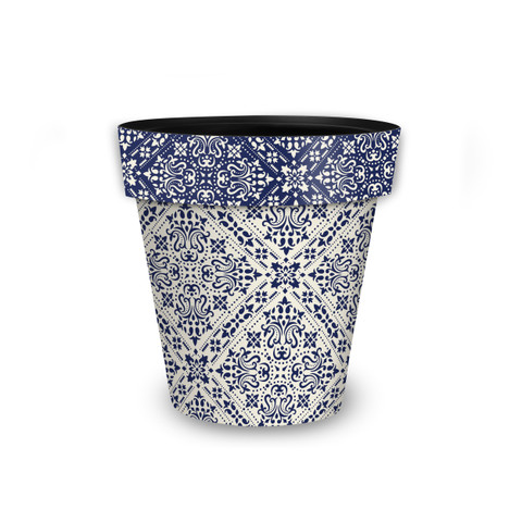 Navy and Tan Damask Small Planter with blue and white damask pattern on white background.