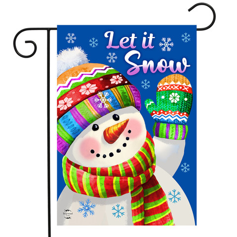 Let it Snow Snowman Garden Flag with colorful hat, scarf, and mittens on blue background.