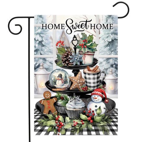 Winter Memories Garden Flag with holiday treats and decorations on a three-tiered stand with Home Sweet Home.