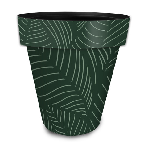 Dark green large planter with white tropical leaf pattern and black interior rim.