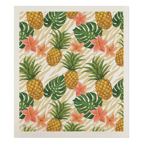Pineapples and leaves pattern on Swedish dishcloth with green leaves, yellow pineapples, and pink flowers.