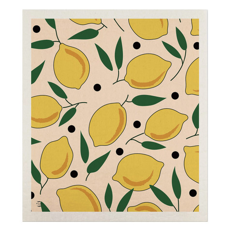 Lemons Swedish Dishcloth with yellow lemons, green leaves on a light peach background pattern design.