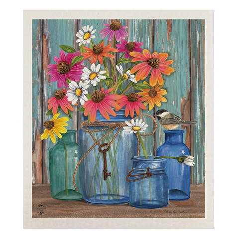 Farm Fresh Flower Swedish Dishcloth with colorful flowers and blue glass jars on rustic wooden background.