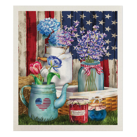 American Picnic Swedish Dishcloth with patriotic floral design on red, white, and blue background.