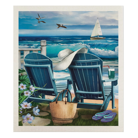 Seaside Escape Summer Swedish Dishcloth with ocean view, sailboat, and beach chairs design.