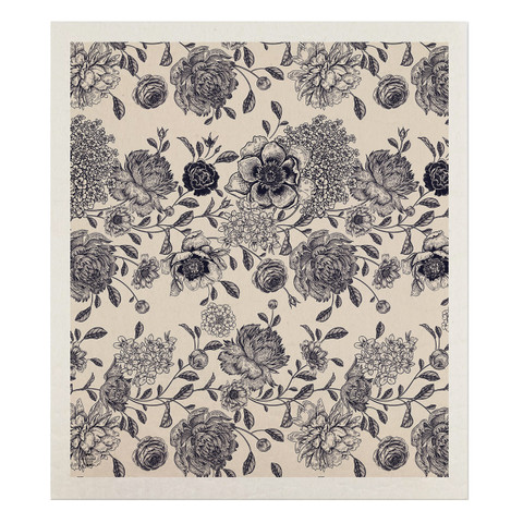 Woodcut Floral Swedish Dishcloth, beige background with black floral pattern and leaf design, natural texture.