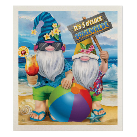 Summer Gnomes Swedish Dishcloth with colorful beach gnomes and beach ball design.