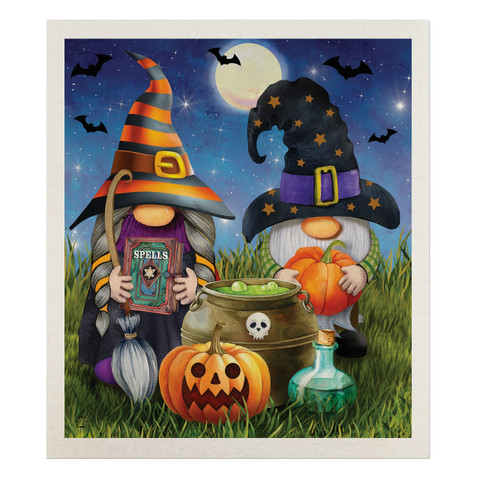 Halloween Gnomes Swedish Dishcloth with colorful gnomes, pumpkins, and witch hats on a blue background.