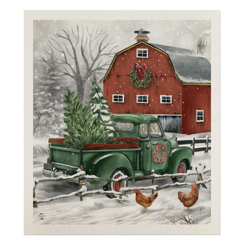 Christmas on the Farm Swedish Dishcloth with green truck, red barn, and snowy scene design.