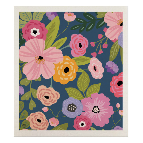 Happy Blooms Swedish Dishcloth, colorful floral pattern with pink, purple, and orange flowers on blue background.