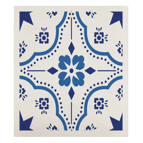 Blue and white ornamental Swedish dishcloth with floral design and geometric patterns on cream background.