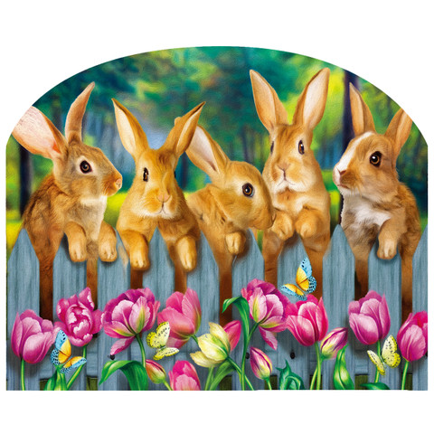 Garden Bunnies Spring Acrylic Art Sign with colorful bunnies and tulips on a wooden fence panel.