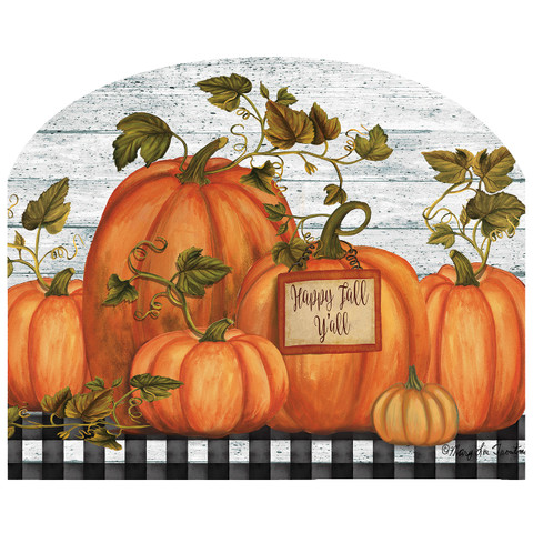 Happy Fall Y'all Acrylic Art Sign with pumpkins and vines on a black and white background.