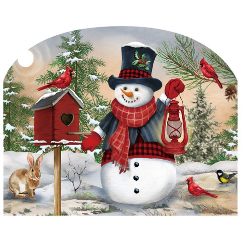 Snowman and Friends Acrylic Art Sign, snowman with red scarf and hat, birds, and rabbit.