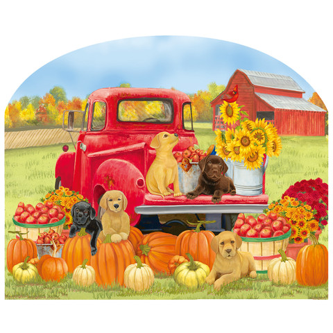 Fall Puppies Acrylic Art Sign with red truck, sunflowers, pumpkins, and adorable puppies on display.