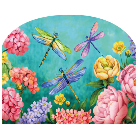 Dragonfly Garden Acrylic Art Sign with colorful dragonflies and flowers on a blue background.