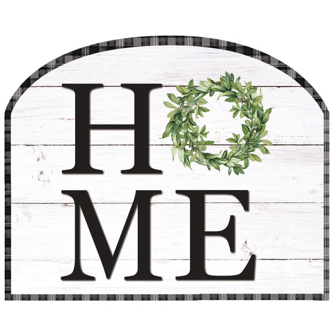 Home Acrylic Art Sign with white distressed wood, green wreath, and black letters and border.