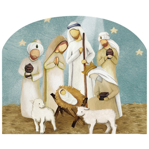 Rejoice Nativity scene with figurines and lambs on brown ground with blue starry background acrylic sign.