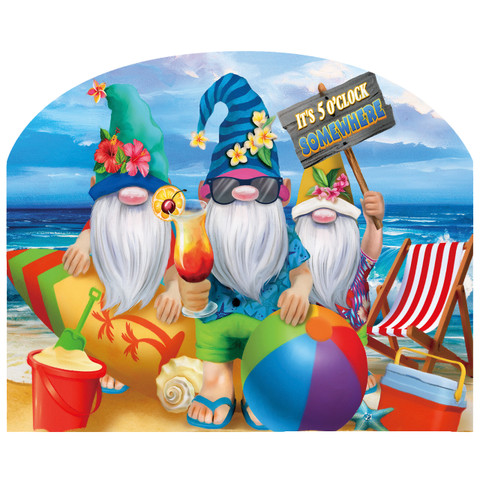 Summer gnomes on beach with colorful beach ball, bucket, and beach chair, acrylic art sign.