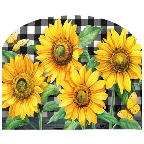 Yellow sunflowers with green leaves and butterflies on black and white checkered acrylic art sign.