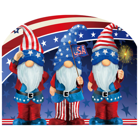 Patriotic Gnomes Acrylic Art Sign with three gnomes, red, white, and blue, stars, American flag.