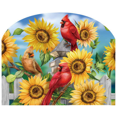 Cardinals and Sunflowers Acrylic Art Sign, red cardinals, yellow sunflowers, wooden fence, blue sky background.