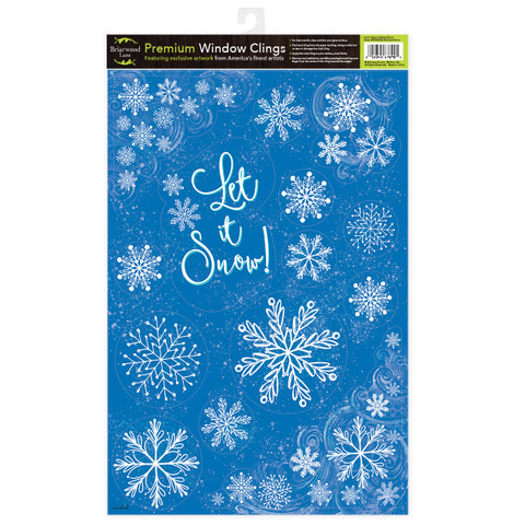 Glistening Snowflakes Window Clings, blue background with white snowflakes and Let it Snow text design.
